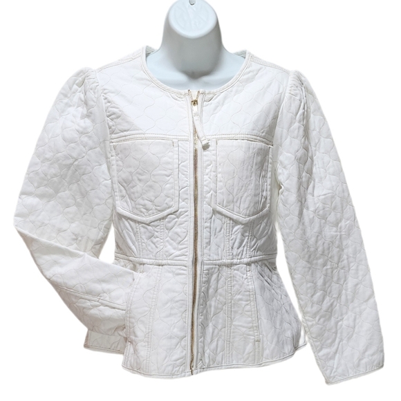 Democracy Quilted Denim Jacket Puff Long Sleeve Peplum Hem In Optic White Size S - Picture 9 of 12